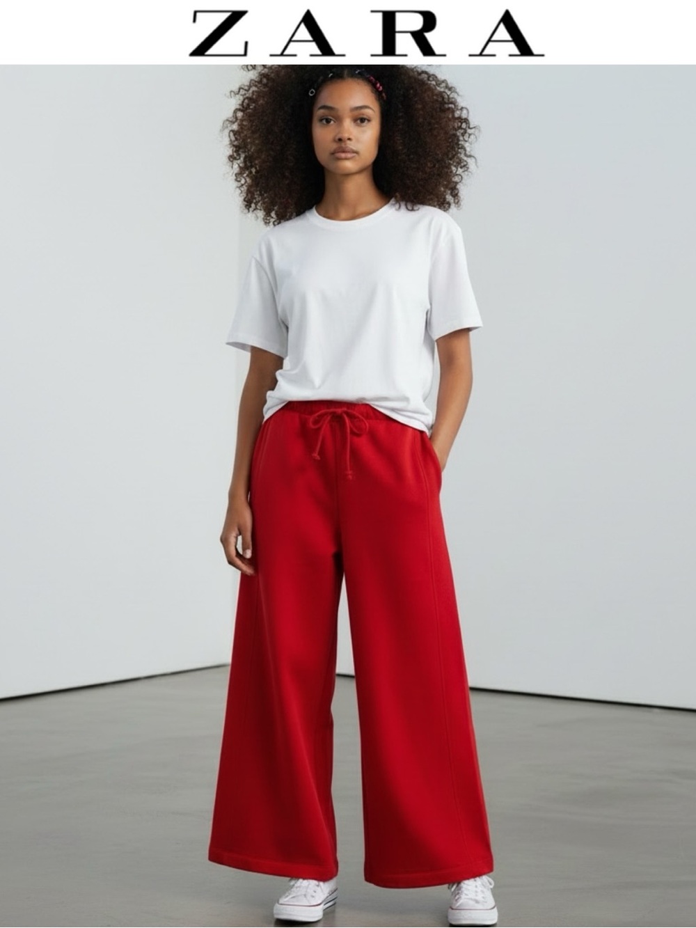 ZARA RED WIDE LEG FLEECE SWEATPANTS LOUNGE PANTS DRAWSTRING SIZE MEDIUM